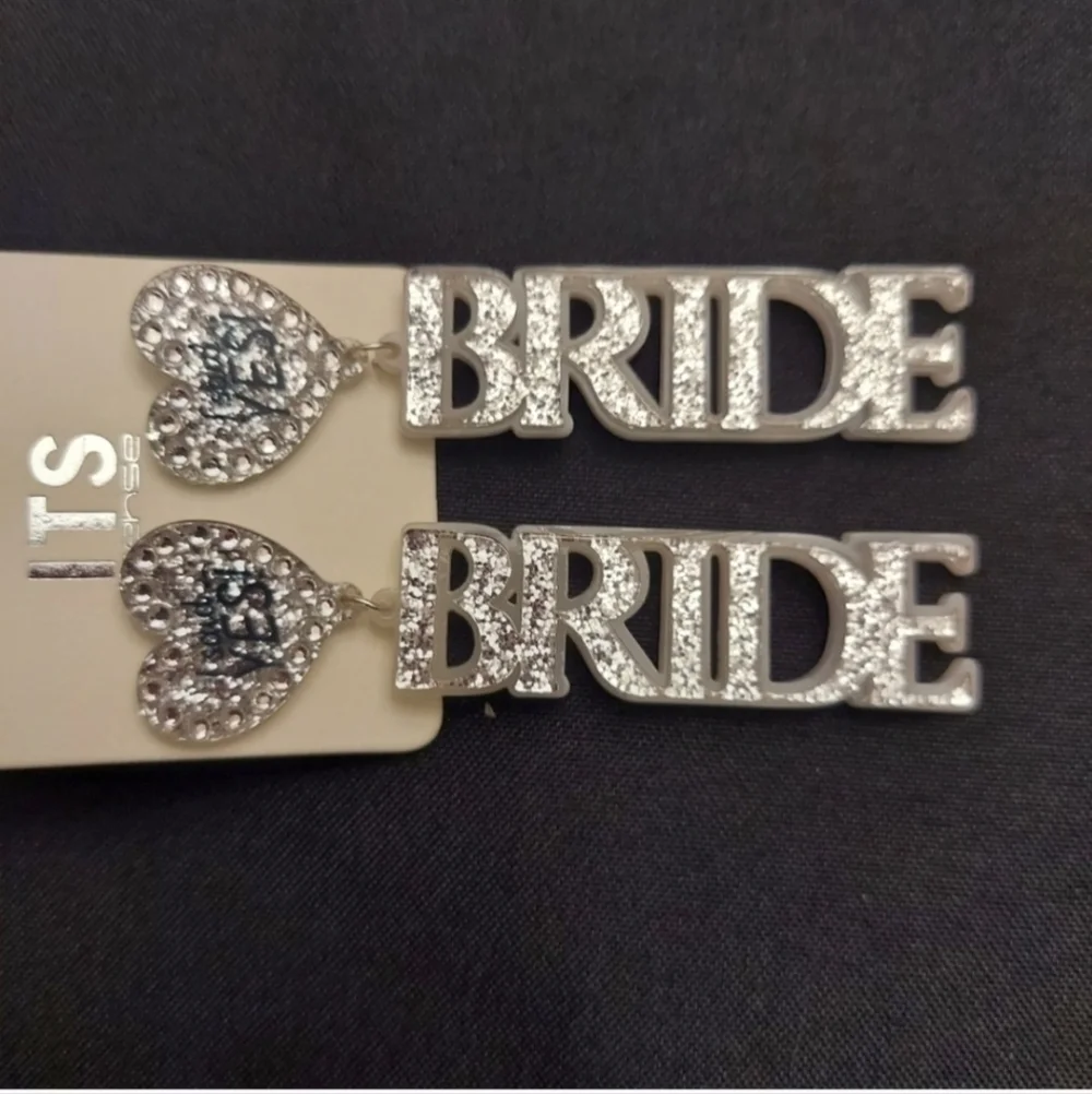 NEW "BRIDE" Silver Glitter Acrylic 3in Long Dangle Earrings - Picture 2 of 5